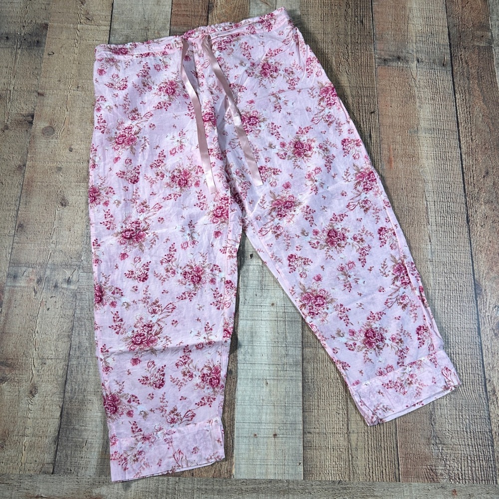 Papinelle Pink Floral Cotton Silk Pajama Pants M Loungewear Cropped Coquette